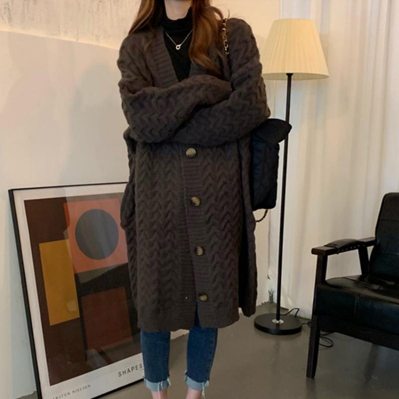 

Осенне-зимняя модная кофта, вязаный свитер с длинным рукавом, женский офисный свитер с косами, повседневный однотонный длинный свитер-пальто, новая свободная элегантная одежда one size темно-коричневого
