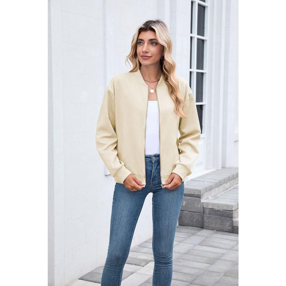 Women's Long-Sleeve Jacket Fall/Winter Solid Color Crew Neck Zipper Loose-Fit Long-Sleeve Sweatshirt Women's Baseball Jacket