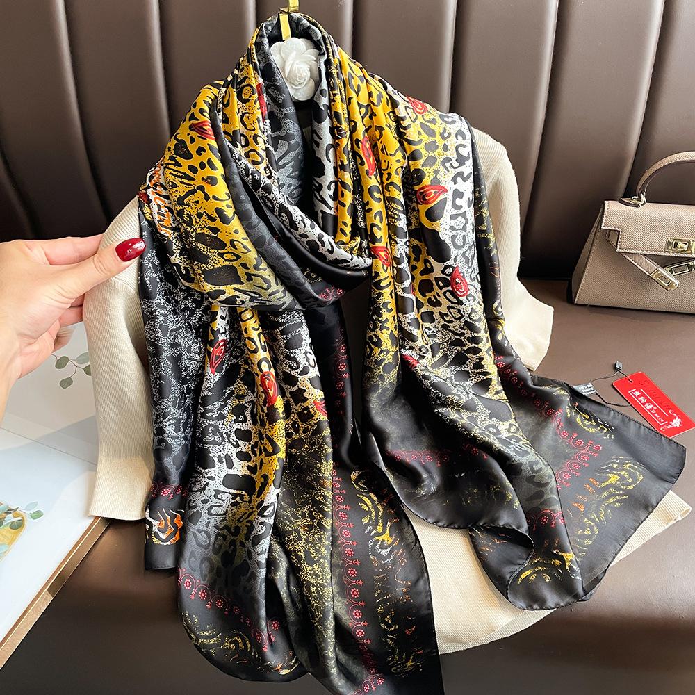 New silk scarf new silk satin printed shawl holiday fashion sunscreen long section simulation silk scarf