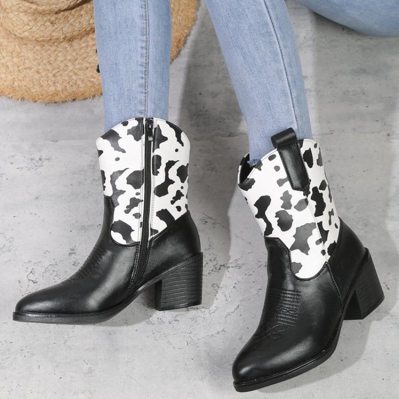 Plus-size cow color matching square heel fashion boots autumn and winter mid-leg women's boots