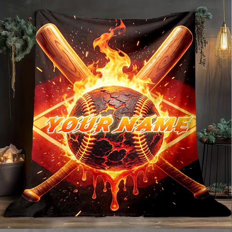 1PC Custom Name "Fiery Baseball Emblem" Outdooor Flannel Blankets Throw Blanket All-Season Throw Gift Bedspread for Couch, Bed, Camping Holiday Birthd