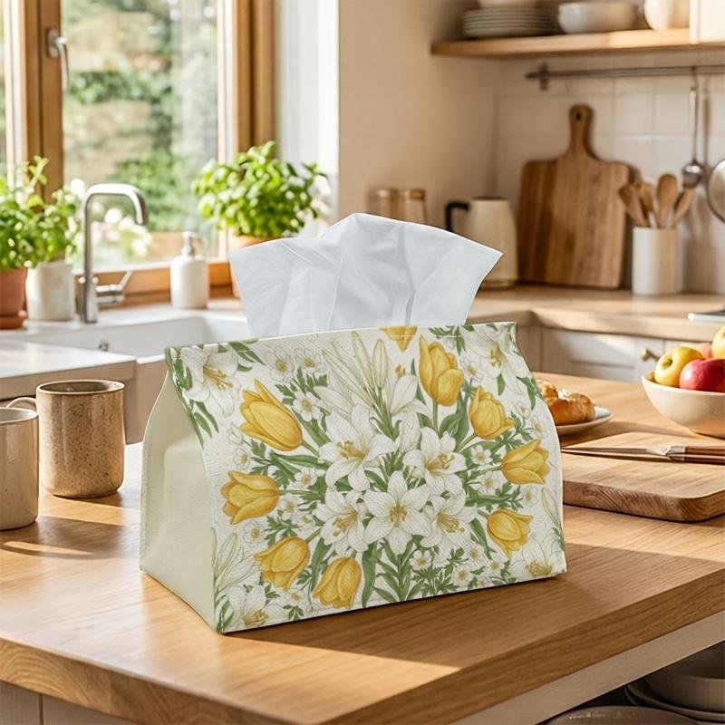 1pc Botanical Lily Tulip Tissue Box - Multi-functional Napkin Dispenser, Two Sizes Available Made of Durable Polyester, Decorated with Yellow Spring B