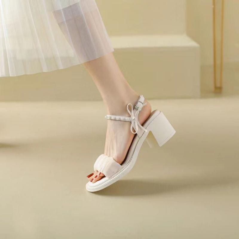 Ladies Shoes Heeled Summer 2024 High Heels Sandals for Women Rhinestones Footwear Pumps Beige Bow Round Toe Tip Diamond Sale F H