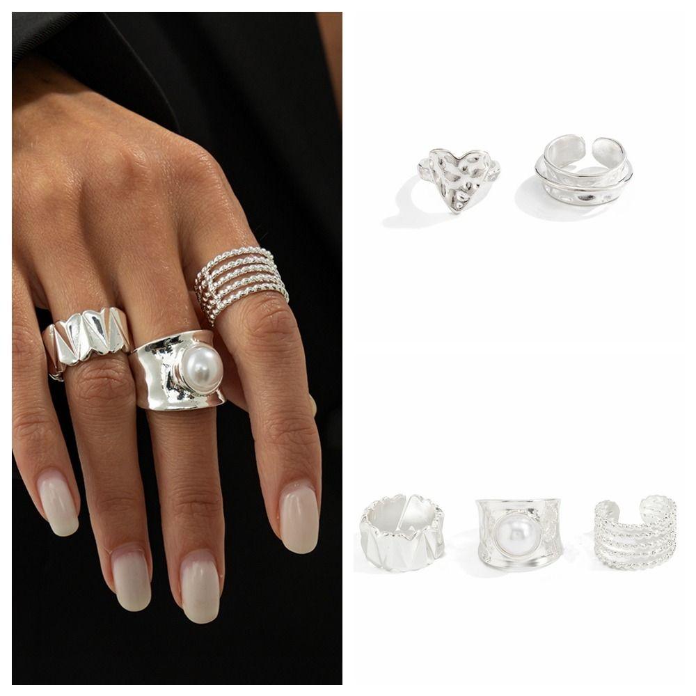 Inlaid Pearls Joint Rings Exaggerated Women Jewelry Fashion Wide Ring Set  Ladies