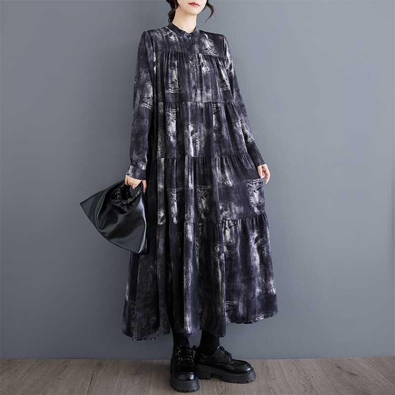 Nowe Sukienki w Dużym Rozmiarze, Luźne, Cienkie, Modne, z Długim Rękawem, Drukowane, o Długości Midi