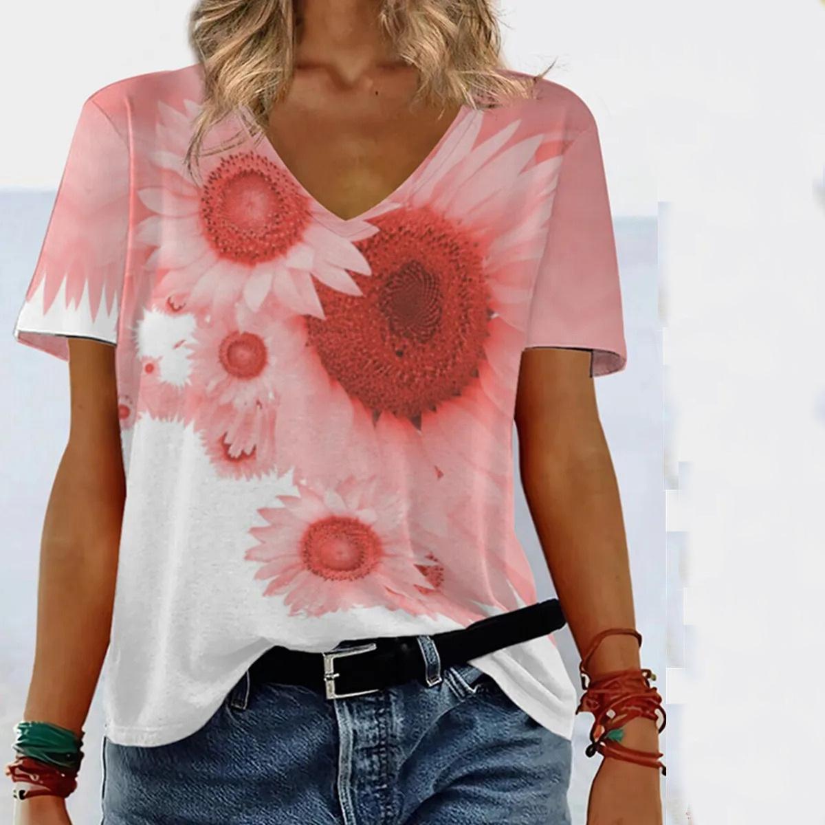 

Женские футболки с принтом цветочного узора, V-образным вырезом и короткими рукавами 5XL