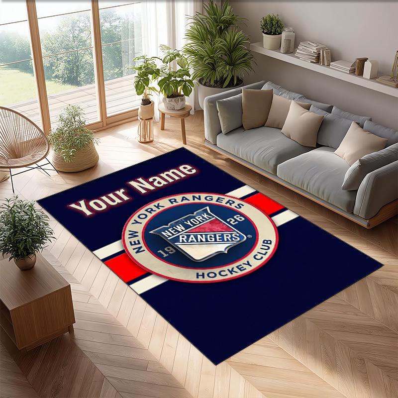 New York Rangers Crystal Velvet Rug, Custom Name Text Personalized Non‑Slip Floor Mat for Home Decor Gift
