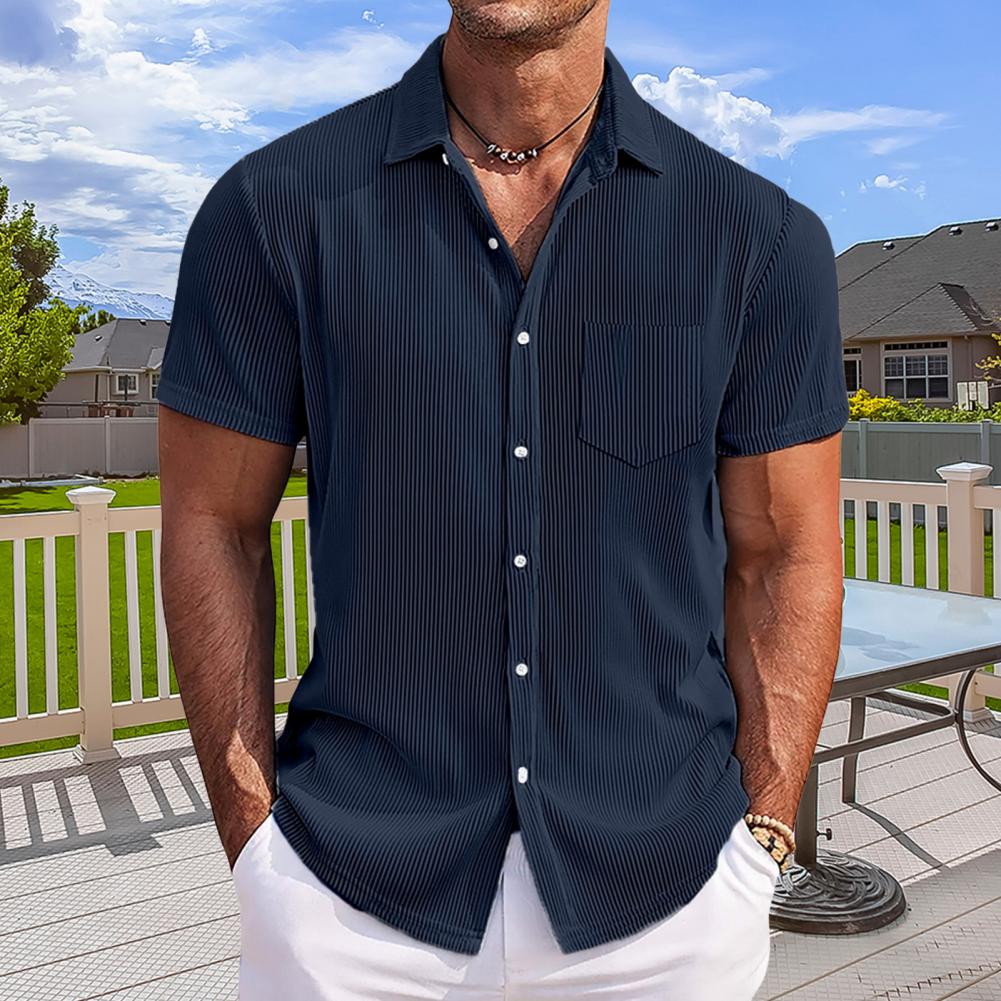 Summer Men Shirt Turn-down Collar Single-breasted Loose Plus Size Mid Length Solid Color Chest Pocket Short Sleeves Streetwear D