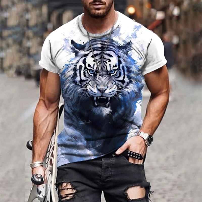 Mens 3D Tiger Print Short Sleeve Crew Neck T-Shirt Breathable Medium Stretch Casual Fashion Tee for OutdoorParty Weekend Wear