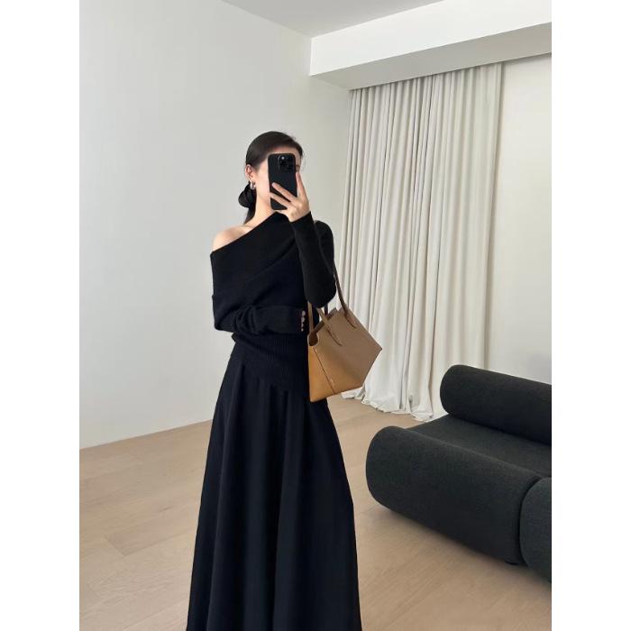 Hepburn Style Black Off-Shoulder Dress for Women - Autumn/Winter 2026 Collection Small чёрный