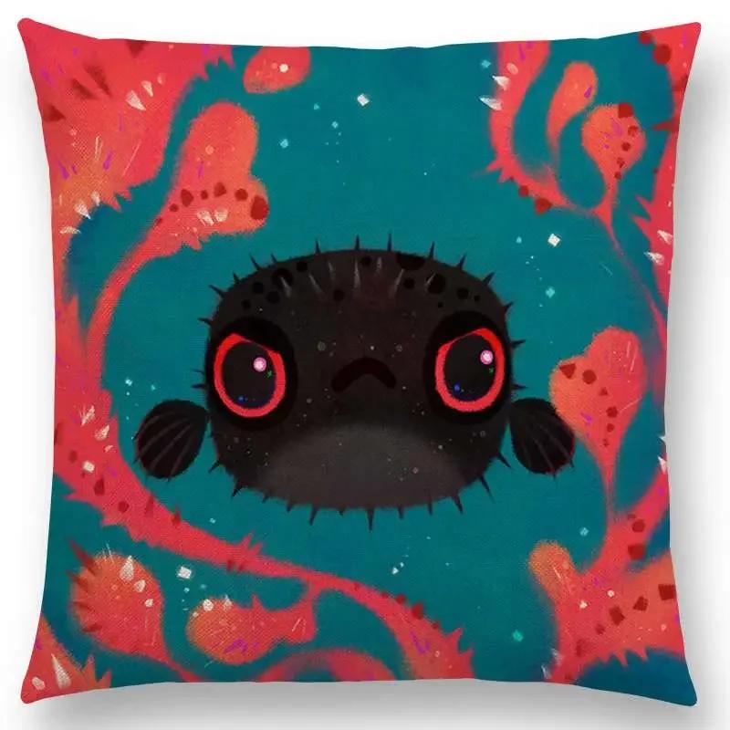 Super Cute Cartoon Animals Pufferfish Cushion Cover Lovely Bird Sweet Nest Interesting Fish Cat Frog Fox Throw Pillow Case Hogar