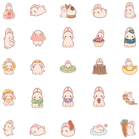 50Pcs Graffiti Sticker Clear Printing Self-Adhesive Paper Cute Cartoon Rabbit Pattern Laptop Luggage Sticker Decoration Photography Prop