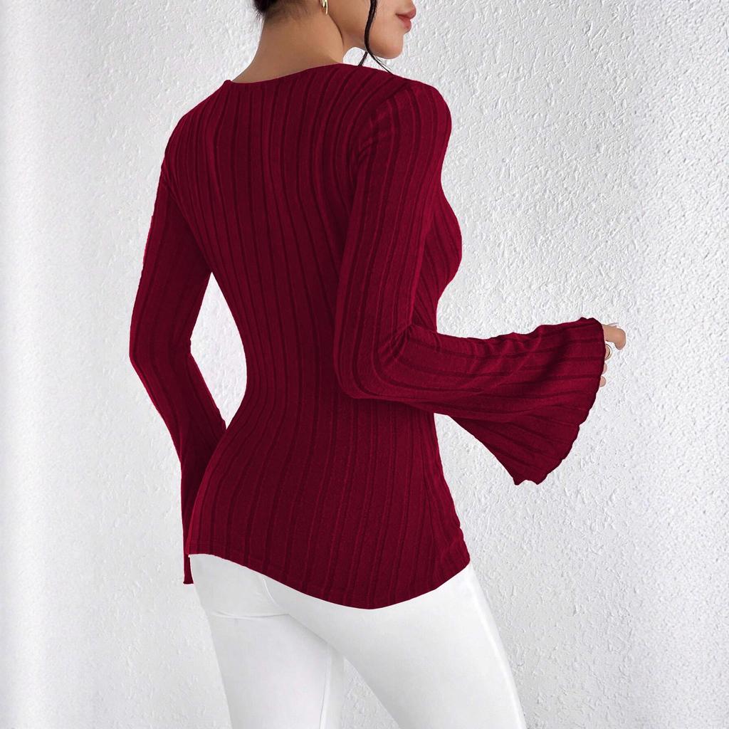 Women's Fall and Winter Long-sleeved Tops, V-neck Sexy Slim Striped Women's Tops, Long-sleeved T-shirt Knitted Bottoming Shirt