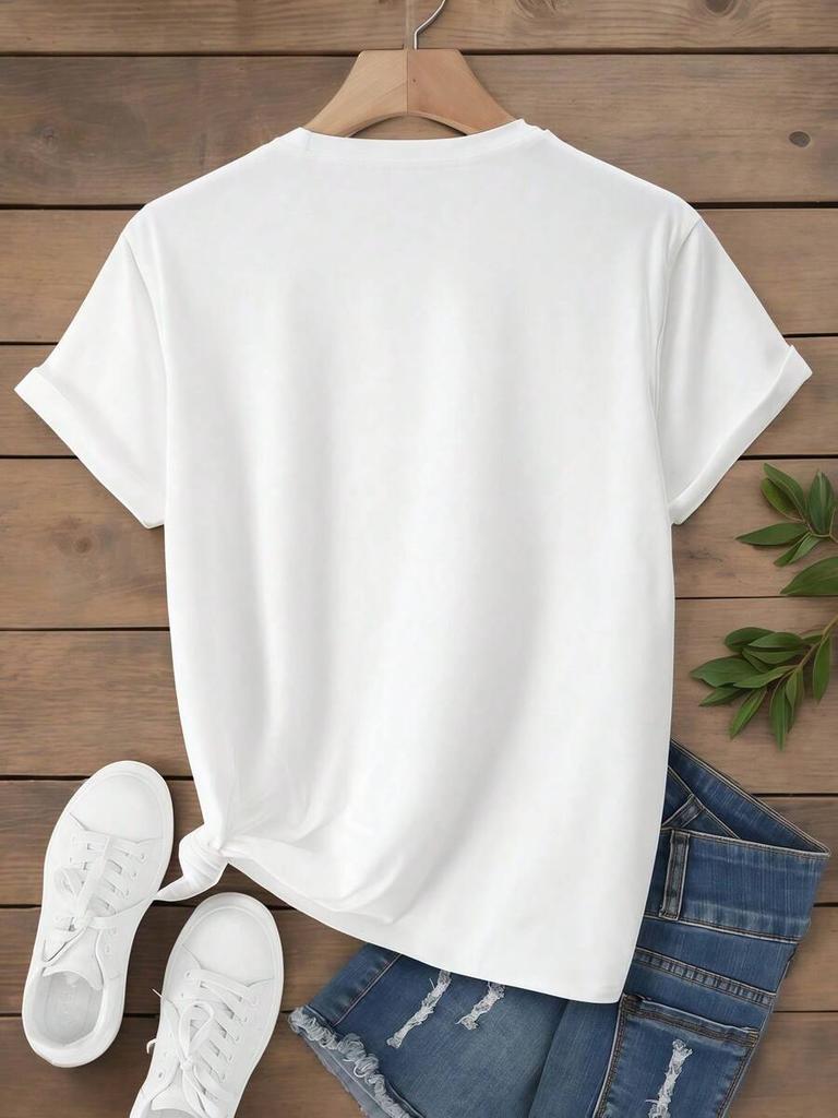 White Crew Neck Palm Sunset Print Lightweight Knit Fabric Cute Vacation Vibe Versatile Summer Casual Daily Tops Multicolors