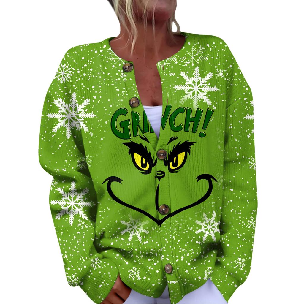 Women's Fashion Christmas Printed Long Sleeve Knitted Cardigan Button Down Jacket