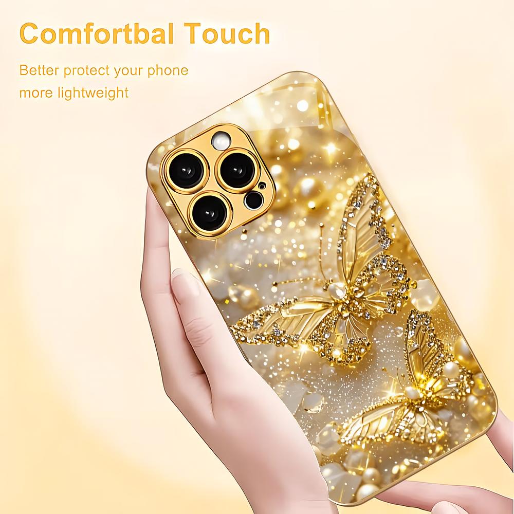 Golden Butterfly Design Electroplated Glass Phone Case Suitable for iPhone17 16 15 14 13 12 11Pro/Max/Plus Shockproof Back Cover