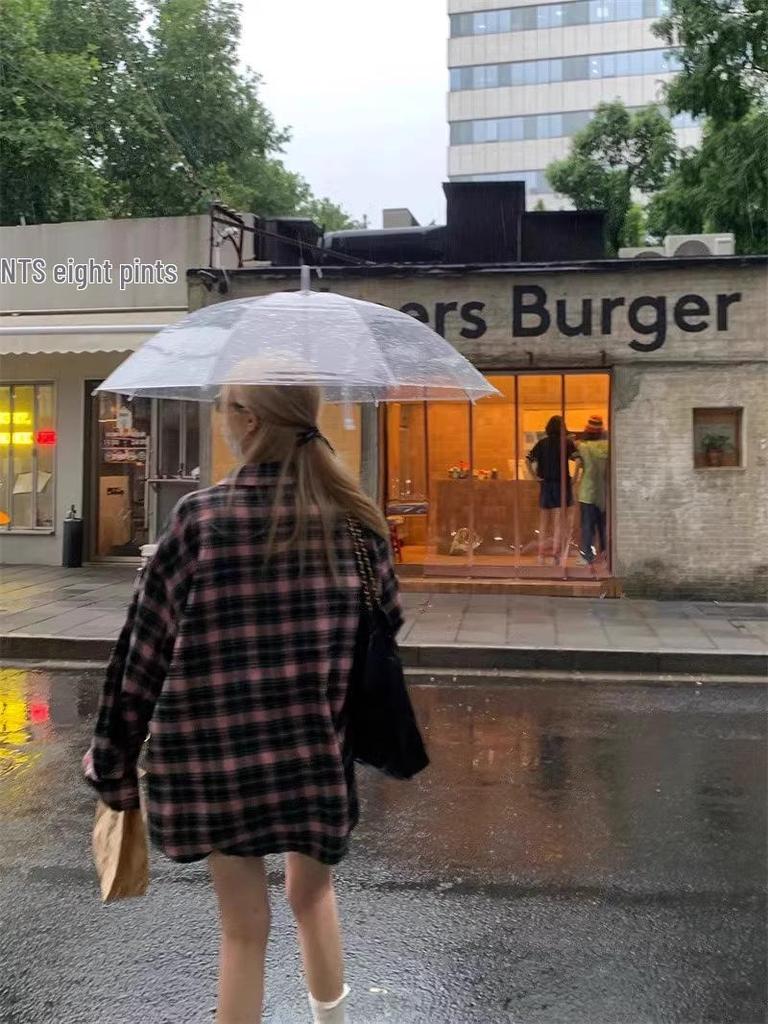 Women's Retro Black & Pink Plaid Shirt - Spring/Autumn 2024 Collection: Loose, Casual, Lazy Style, Long Sleeve Jacket Design.