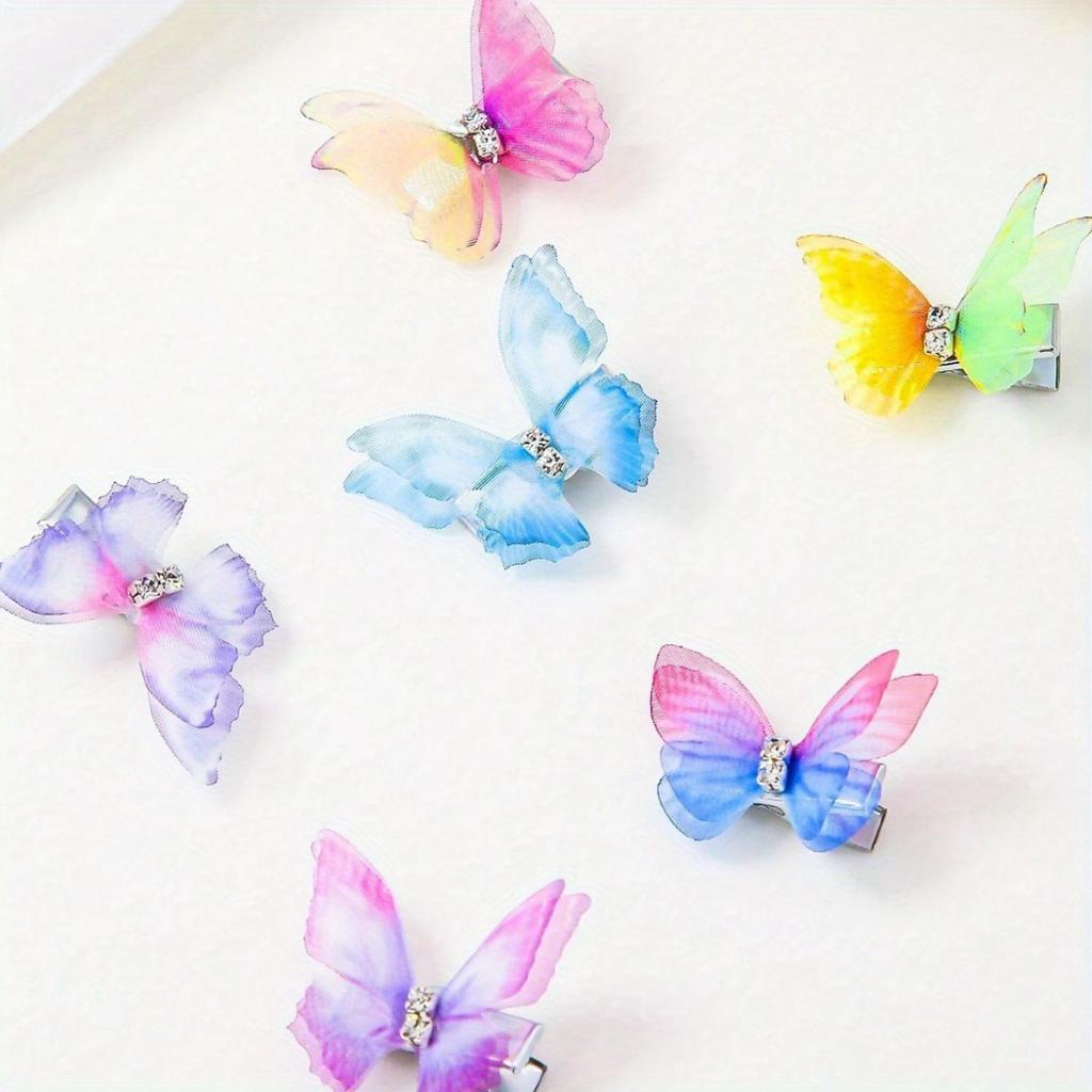 10pcs Colorful Gradient Double-layer Organza Butterfly Hair Clips with Rhinestones, Cute Princess Hair Accessories