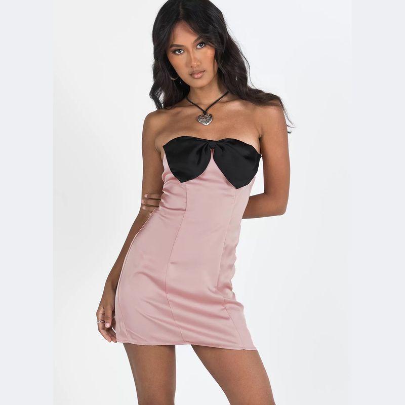 Australia Single Pp Sexy Gyaru Contrast Color Bow Tube Top Guest dresses Slim fit Slimming Sheath Short Dress Women