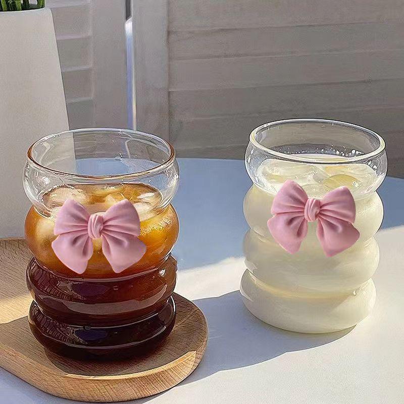 1pc Bow Glass Cute Water Cup Cartoon Bow Glass Cup Striped Cute Doodle Coffee Mug Household Fruit Tea Lemonade Girls Gift