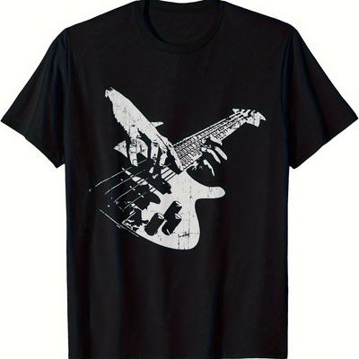 Men'S Retro Bass Guitar Graphic T-Shirt Soft Crew Neck Short Sleeve Tee with Print Music-Themed Casual Summer Wear Men Clothing