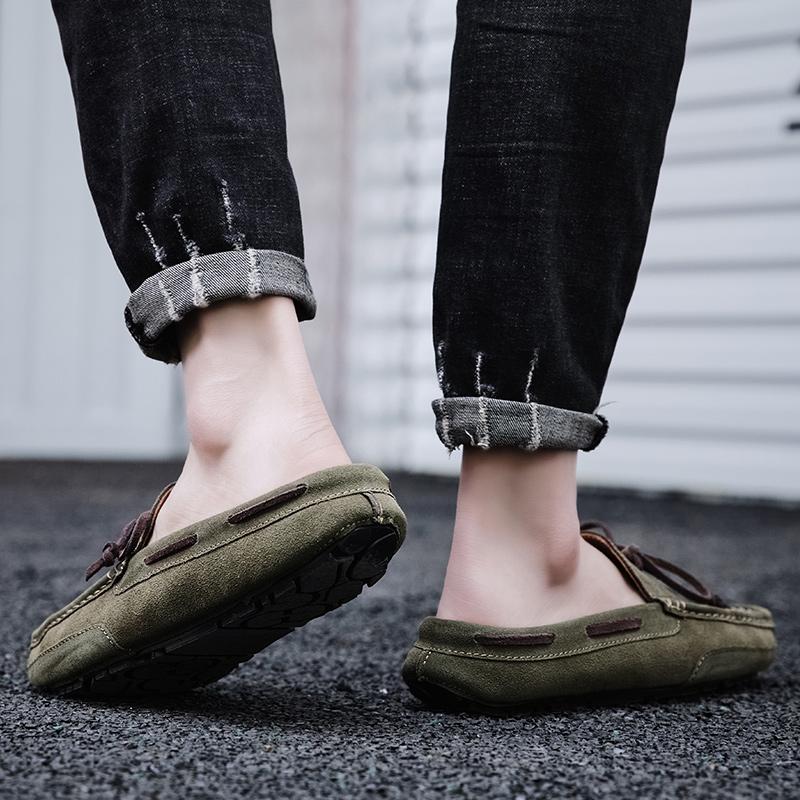 2024 Half Slippers Mens Slip on Moccasins Suede Shoes Men Casual Driving Shoes Breathable Loafers Fashion Half Shoes Lazy Shoes