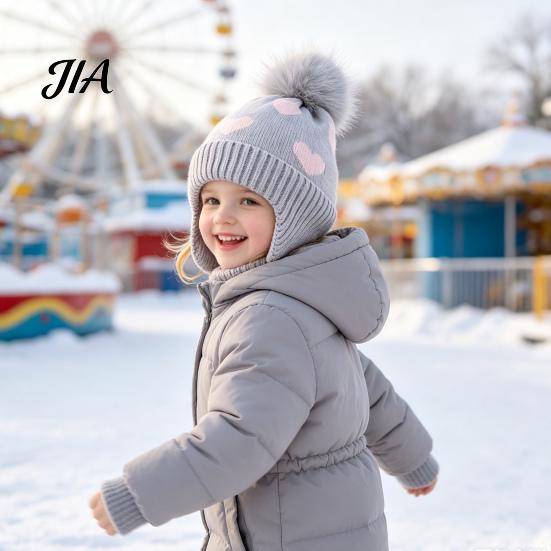 Cute Pom Knit Hat Kids Winter Hat, Warm Soft Pompom Cozy Gift for Children Heart Pattern, Earflap Boys Girls Toddlers Breathable