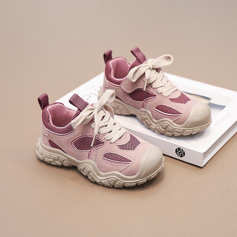 Children Casual Shoes for Boys Girls Lace-up Air Mesh Breathable Anti-kick Fashion Kids Running Sports Sneakers Pink Grey Shoes