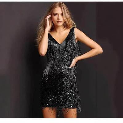 2022 Low-Cut V-Neck Deep Sleeveless Tassel Pencil Midi Dress