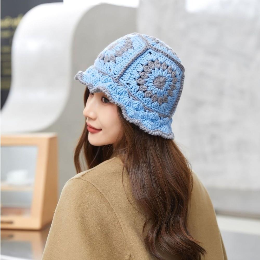 Korean Style Knitted Fisherman Hat Fleece Thread Bucket Hat Retro Flower Sun Hat  Student