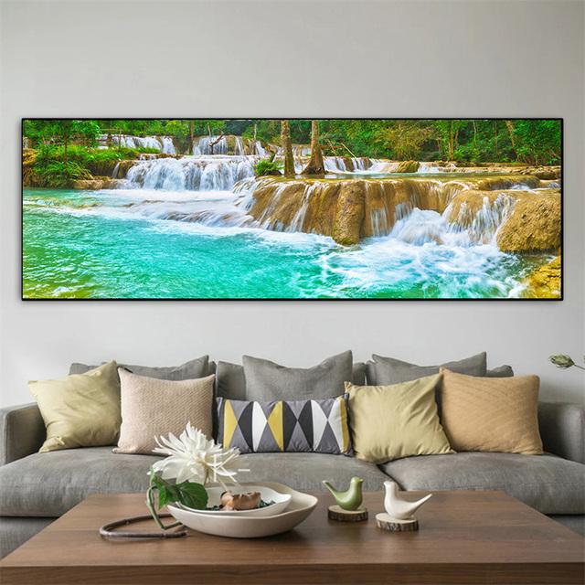Krajina Přírodní Vodopád Obraz na plátně Zelený strom Jezerní list Plakáty a obrazy Nástěnný obraz Obývací pokoj Home Decor Bez rámu