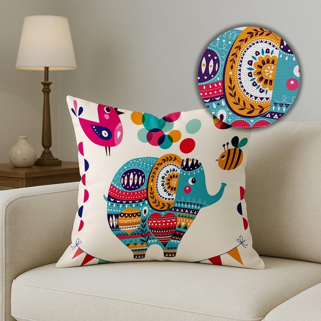 Set of 5 Polycotton Cushion Covers – 16x16 Inches – Multicolor Elephant & Jungle Print – Playful Cushion Covers for Kids Room