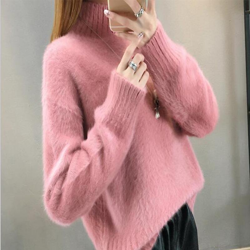 2024 Autumn Thick Velvet Warm Pullover Sweater Women Winter Clothing Fashion Loose Outerwear Half High Neck Knitted Sweaters Ladies Tops 25143