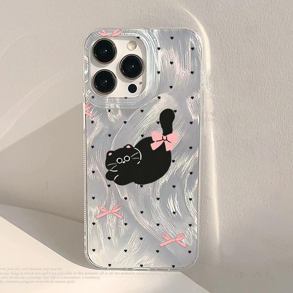 Cute Black Cat Phone Case For iPhone 17 Air Case iPhone17 16 15 11 12 13 14 Pro Max Plus Laser Silver Feather Texture Shockproof Cover
