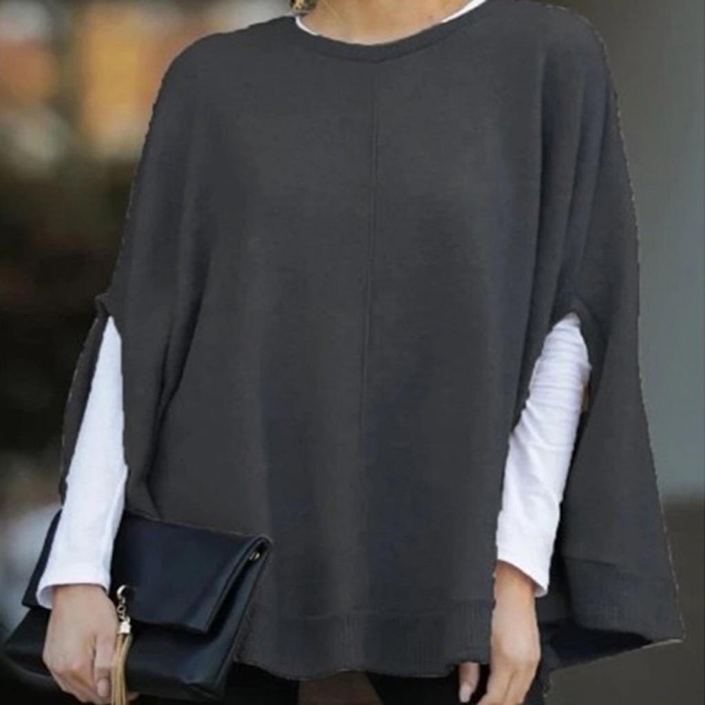 Women Fashion Solid Color Print Loose Hooded  Sleeve Splitter Long Sleeve Top