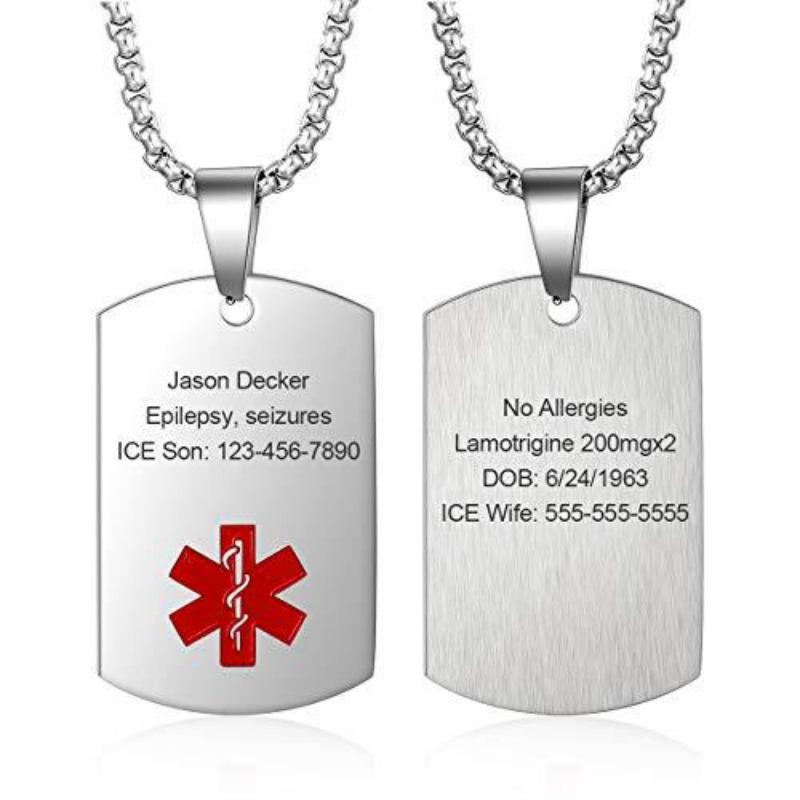 Custom Engraved Stainless Steel Medical Alert Id Tag Pendant Identification Necklace