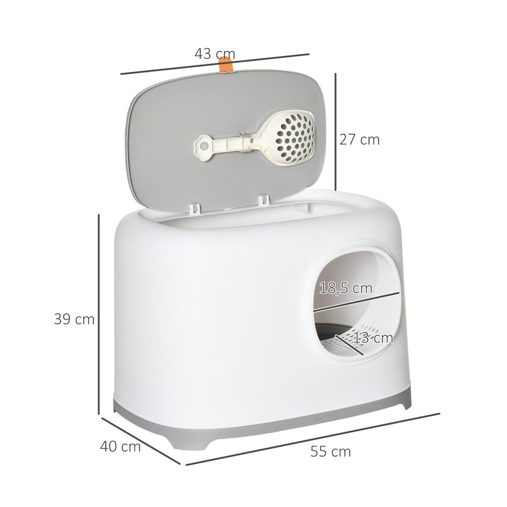 Cat Litter Box with Lid, Cat Toilet with Hood, Scoop, Grid Floor, XXL Cat Toilet for Cats up to 5 kg, 55 x 40 x 39 cm, White