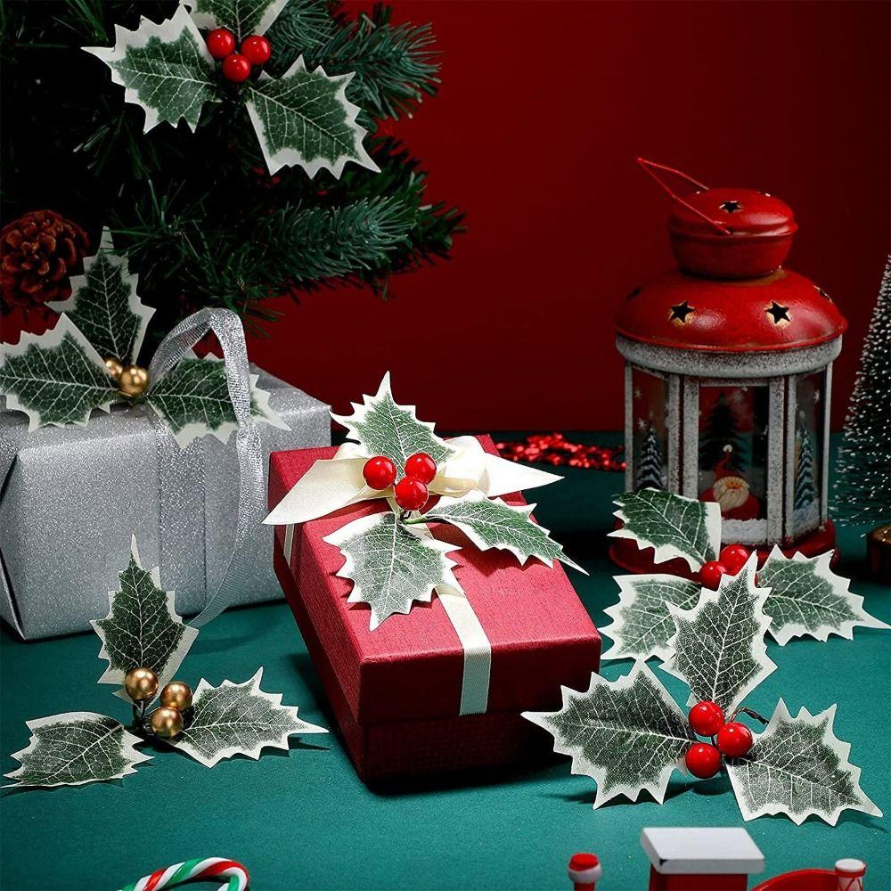 30PCS Fake Plant Christmas Green Leaves Handmade Materials Red Berries  Christmas Decoration