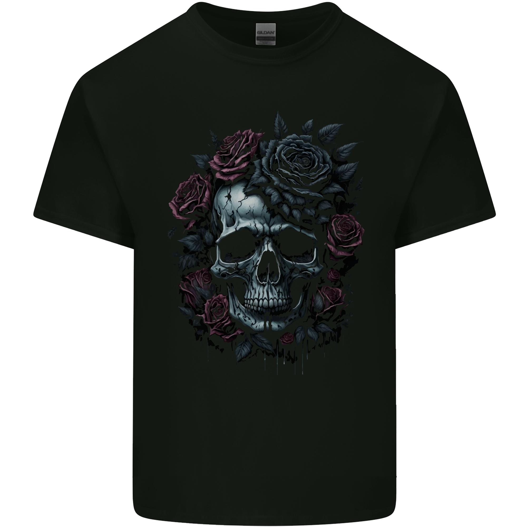 A Gothic Skull With Flowers Roses Goth Unisexs Light Cotton TShirt S