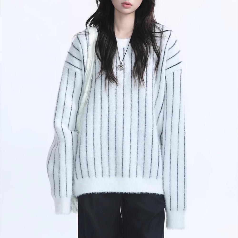 

Unisex Retro Striped Crew Neck Sweater - Heavyweight, Loose Fit for Autumn/Winter XL