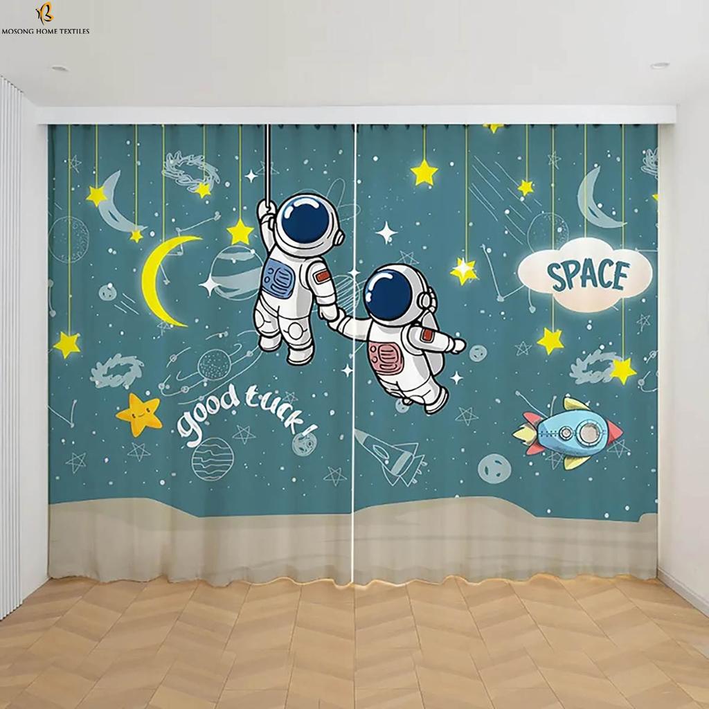 Cartoon Astronaut Printed Curtains Kids Children's Room Window Decoration Curtains Suitable For Bedroom Living Room Balcony