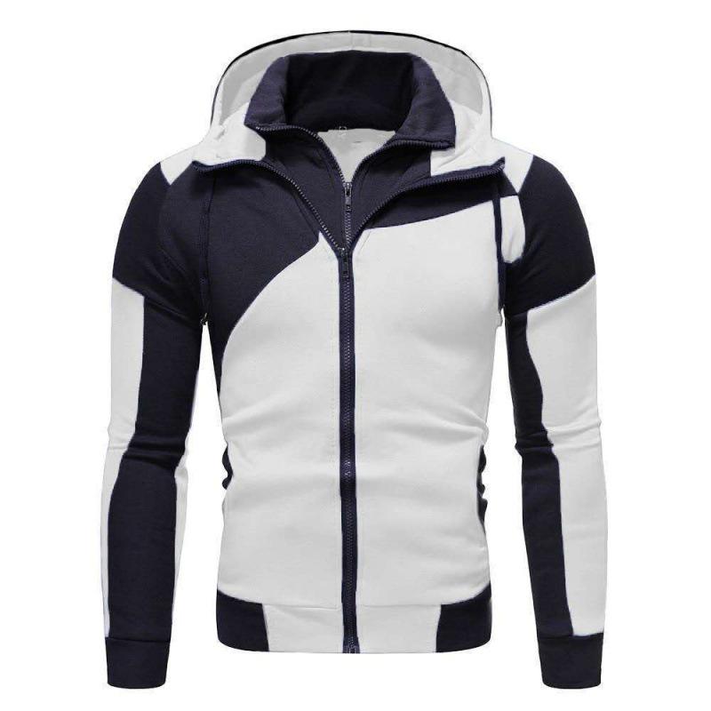 2023 Men s Color Block Double Layer Zipper Hooded Cardigan Slim Fit Sweatshirt L белый