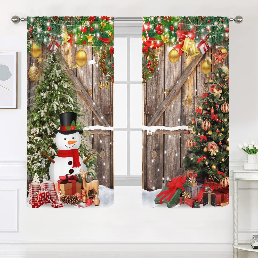 2 Pieces, Christmas Tree Wooden Door Snowman Curtains -30% Blackout - Suitable for Living Room, Bedroom, Kitchen, Home Decoratio