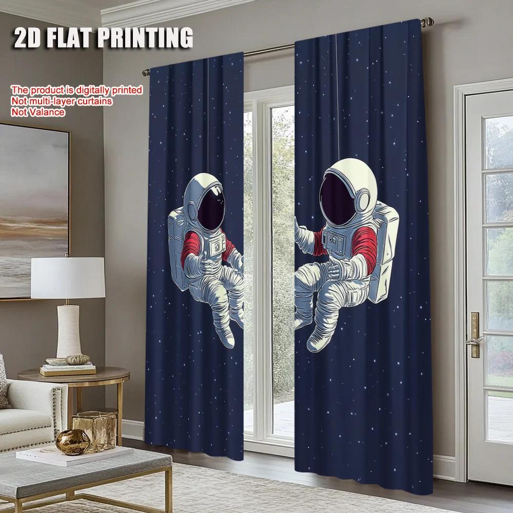2Pcs Modern Space Astronaut Blackout Curtains Deep Blue Starry Sky Cartoon Spaceman Print Drapes For Bedroom Study Living