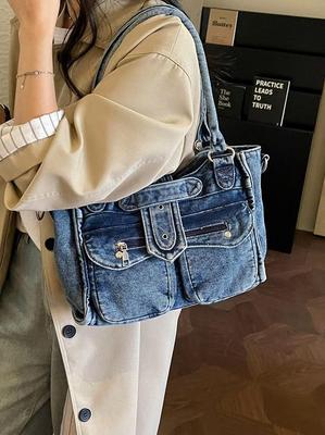 Korean Style Denim One-Shoulder Bag: 2026 Large-Capacity Versatile Crossbody for Commuting, School, and Travel