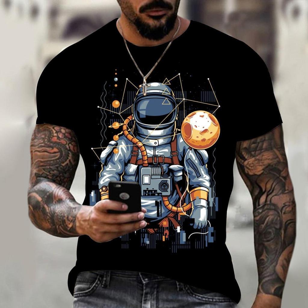 T-shirt z grafiką kosmiczną: Astronauta Koszący Księżyc, Swobodny T-shirt z Krótkim Rękawem
