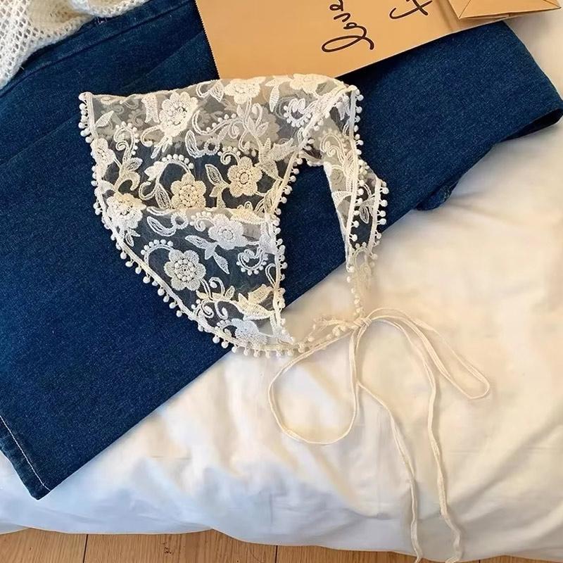 White Woven Floral Lace Hair Scarf Wraps Women Retro Triangle Headscarf Hat Travel Photo Headband Hair Accessories French Style
