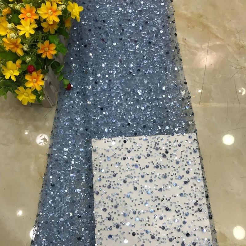 Luxury 3D Sequined Beaded Mesh Embroidered Lace Fabric Handmade Wedding Dress DIY Accessories Width 130cm 1Meter