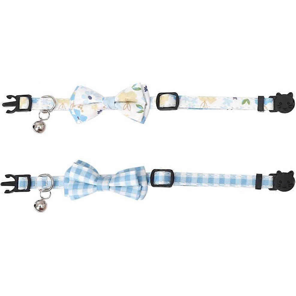 2 Pak/Set Kattenhalsband Veiligheidsontwerp met Schattige Strik en Bel Plaid Bloemen voor Kitten Verstelbaar Veiligheid - Blauw