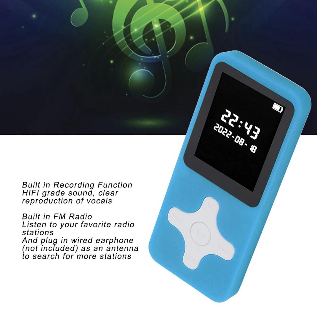 MP3-Player mit Bluetooth, Musik-Player mit UKW-Radio, Wecker, Aufnahme, Digitaler Audio-Player mit HiFi-Sound-Lautsprecher, 128 GB erweiterbar (BLAU)